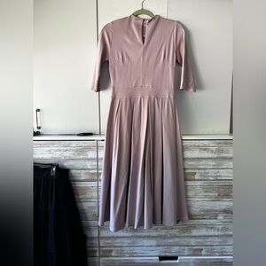 Taupe Pleated V-Neck Fit and Flare Dress